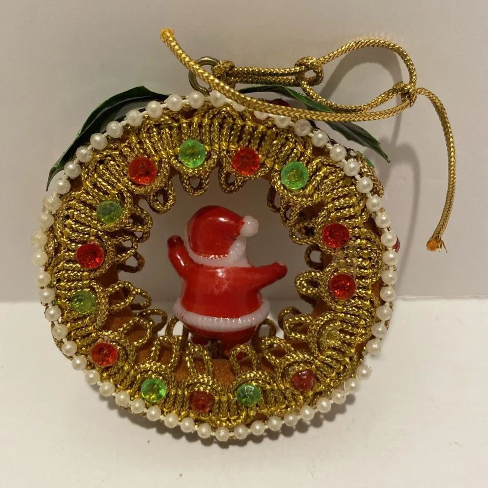 1973 Vintage Christmas Ornament Sequin Beaded Santa Wreath Kitschy Gold Chording